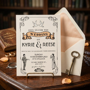 Invitación Con Relieve Metalizado Ilustración antigua de palomas Art Nouveau vintage