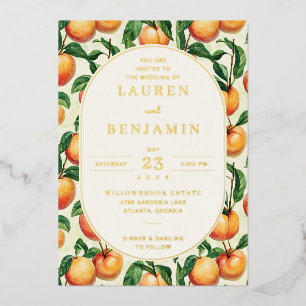 Invitación Con Relieve Metalizado Ilustración Botánica de Melocotón Alegre
