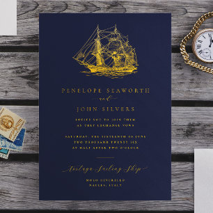 Invitación Con Relieve Metalizado Ilustración de barco náutico boda azul marino