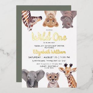 Invitación Con Relieve Metalizado Ilustración de bebés animales de safari Baby Showe