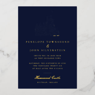 Invitación Con Relieve Metalizado Ilustración de Castillo Vintage Elegante Boda Azul