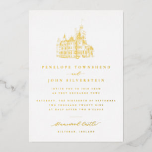 Invitación Con Relieve Metalizado Ilustración de Castillo Vintage Elegante Boda de O
