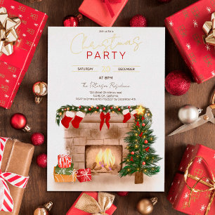 Invitación Con Relieve Metalizado Ilustración de chimenea de árbol de Navidad de inv