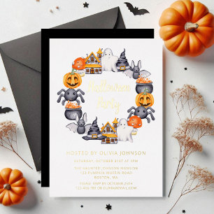 Invitación Con Relieve Metalizado Ilustración de Halloween feliz negro lindo parte d