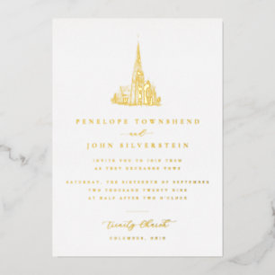 Invitación Con Relieve Metalizado Ilustración Elegante de Iglesia Vintage Boda de Or