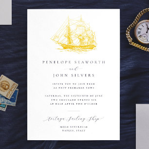 Invitación Con Relieve Metalizado Ilustración Formal de Boda Náutica