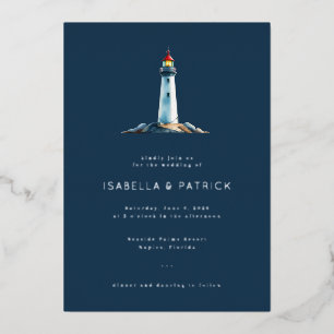 Invitación Con Relieve Metalizado Ilustración Serena de Faro en Azul Marino
