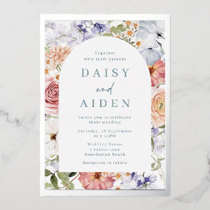 Invitación Con Relieve Metalizado Impresionante Arco Floral Botánico Boda Plata