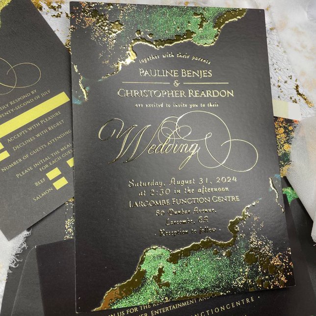 Invitación Con Relieve Metalizado Impresionante oro Boda de bronce esmeralda (Stunning Emerald Bronze Gold Wedding Foil Invitation)