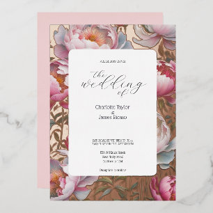 Invitación Con Relieve Metalizado Impresionantes peonías rosadas y blancas Boda eleg