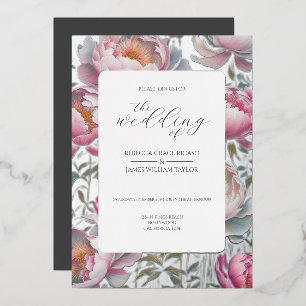 Invitación Con Relieve Metalizado Impresionantes peonías rosadas y blancas boda eleg