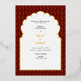 Invitación Con Relieve Metalizado Indio tradicional de la Ceremonia Mehendi de Oro y
