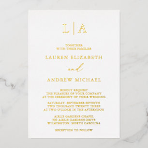 Invitación Con Relieve Metalizado Inicial Monograma de Papel de Oro Minimalista Boda