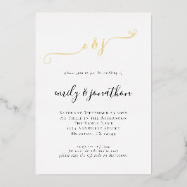 Invitación Con Relieve Metalizado Iniciales de Código QR de Boda Escritura Elegante 