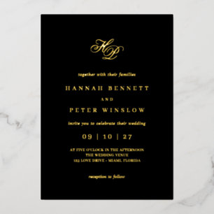 Invitación Con Relieve Metalizado Iniciales de monograma de escritura romántica boda
