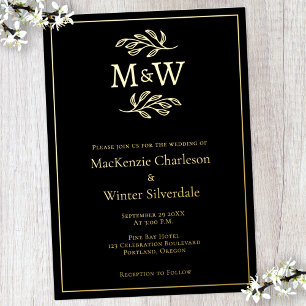 Invitación Con Relieve Metalizado Iniciales de monograma de pareja de boda negro oro