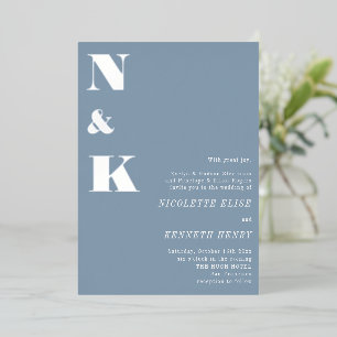 Invitación Con Relieve Metalizado Iniciales de Monograma Modernas Bodas Azul Polvo N