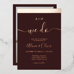 Invitación Con Relieve Metalizado Iniciales de tira de oro rosa foto de boda roja