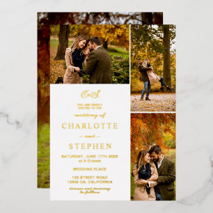 Invitación Con Relieve Metalizado Iniciales modernas 4 fotos boda de cuadrícula oro
