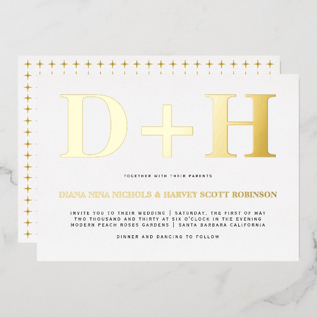 Invitación Con Relieve Metalizado Iniciales reales de Relieve metalizado de oro boda (Anverso/Reverso)