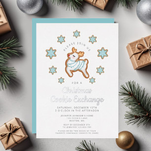 Invitación Con Relieve Metalizado Intercambio de Galletas de Navidad de Reno Adorabl