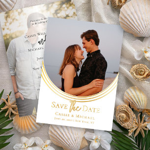 Invitación Con Relieve Metalizado Invertido Arco Dos Fotos Boda Guardar la Fecha