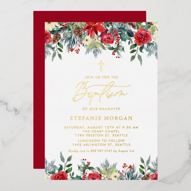 Invitación Con Relieve Metalizado Invierno acuarela florece bautismo floral (Anverso/Reverso)