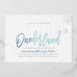 Invitación Con Relieve Metalizado Invierno ONEderland 1er Cumpleaños Azul Plateado