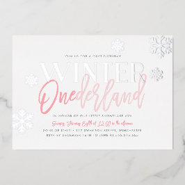 Invitación Con Relieve Metalizado Invierno ONEderland 1er Cumpleaños Rosa Plateado