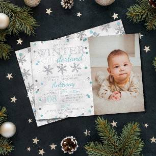 Invitación Con Relieve Metalizado Invierno ONEderland Cumpleaños número 1 Foto Real