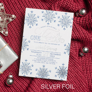 Invitación Con Relieve Metalizado Invierno Onederland niño azul plateado primer cump