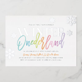 Invitación Con Relieve Metalizado Invierno Onederland Primer cumpleaños arcoiris