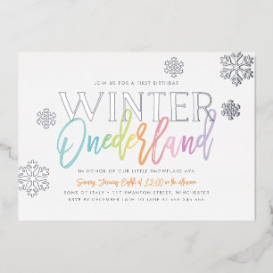 Invitación Con Relieve Metalizado Invierno Onederland Primer cumpleaños arcoiris