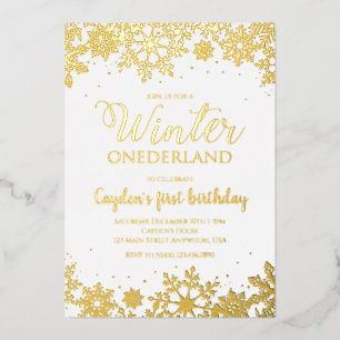 Invitación Con Relieve Metalizado Invierno Onederland Primer Cumpleaños Copos de Nie