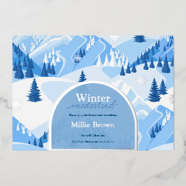 Invitación Con Relieve Metalizado Invierno Onederland Primera Cumpleaños Montaña Nie