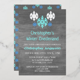 Invitación Con Relieve Metalizado Invierno Onederland Snowflake Primer cumpleaños