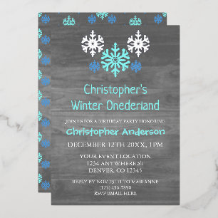 Invitación Con Relieve Metalizado Invierno Onederland Snowflake Primer cumpleaños