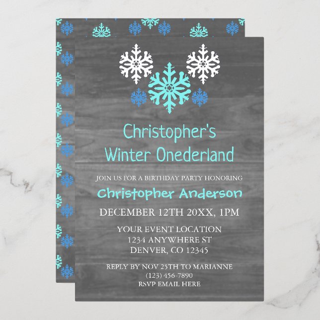 Invitación Con Relieve Metalizado Invierno Onederland Snowflake Primer cumpleaños (Anverso/Reverso)