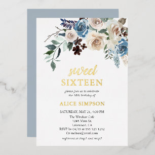 Invitación Con Relieve Metalizado Invit Boho Flores Azules Hojas Secas Sweet 16 Foil