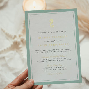 Invitación Con Relieve Metalizado Invita de Bodas Clásica Caballo de Mar con Hoja de