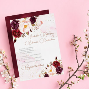 Invitación Con Relieve Metalizado Invita de Bodas con Rosa y Burdeos Elegantes con H