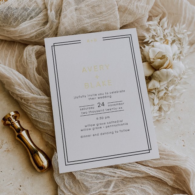 Invitación Con Relieve Metalizado Invitación a la boda de Relieve metalizado dorado  (Modern Gold Foil Wedding Invitation / AVERY Suite Foil Invitation)
