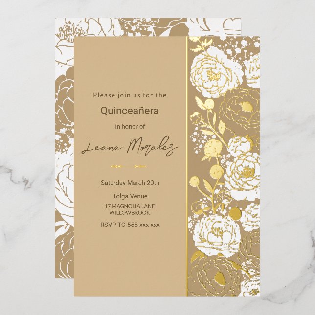 Invitación Con Relieve Metalizado Invitación al Relieve metalizado Beige Quinceañera (Anverso/Reverso)