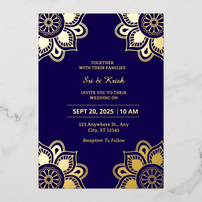 Invitación Con Relieve Metalizado Invitación al Relieve metalizado Boda Azul Y Oro (Anverso)
