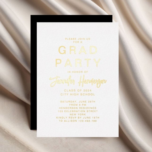 Invitación Con Relieve Metalizado Invitación al Relieve metalizado de Fiesta de guio (Chic Gold Script Grad Party Foil Invitation)