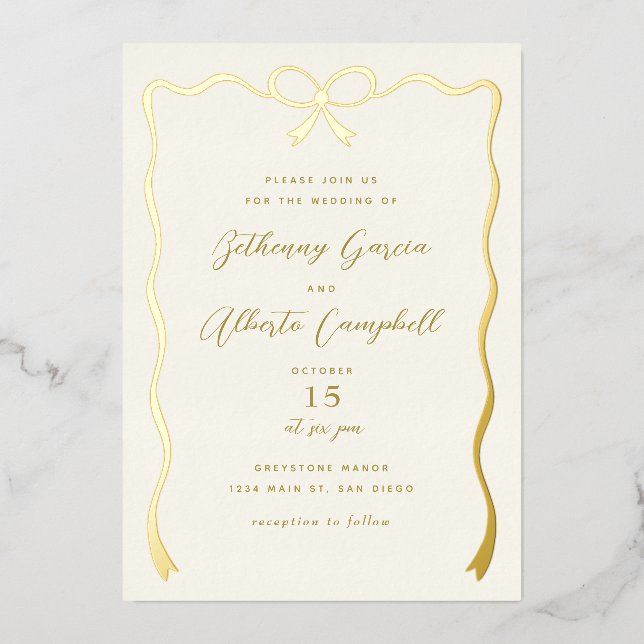 Invitación Con Relieve Metalizado Invitación al Relieve metalizado Golden Bow (Anverso)