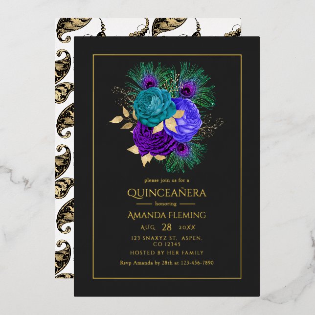 Invitación Con Relieve Metalizado Invitación al Relieve metalizado Mardi Gras Quince (Anverso/Reverso)