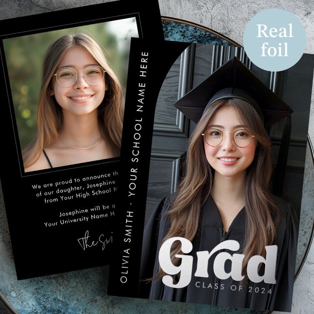 Invitación Con Relieve Metalizado Invitación de graduación de grado negro de Relieve (Arch photo foil black grad graduation announcement)