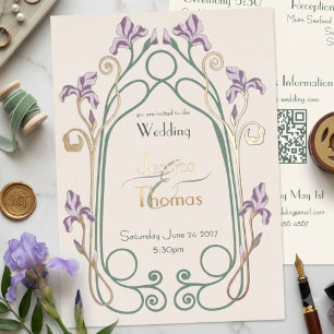 Invitación Con Relieve Metalizado Iris Elegante Art Nouveau Boda Rosa Oro