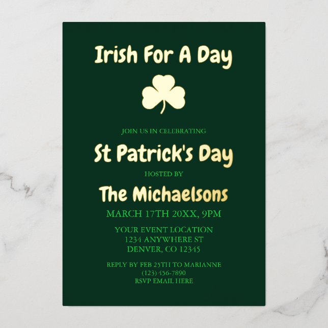 Invitación Con Relieve Metalizado Irlandés por un día (Anverso)